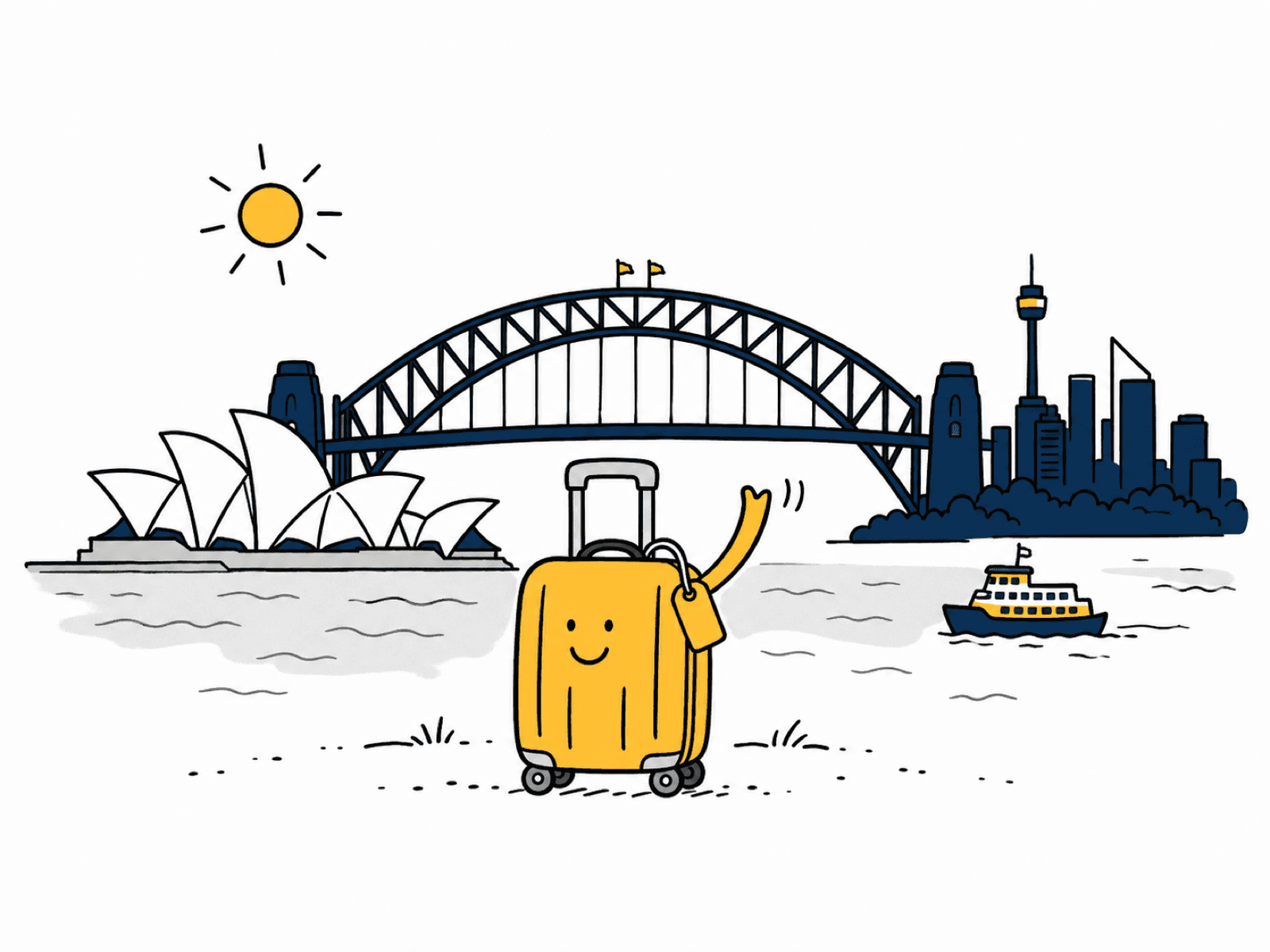 Sydney luggage storage location — a friendly cartoon suitcase waving in front of the Sydney skyline with the Opera House, Harbour Bridge and a ferry.